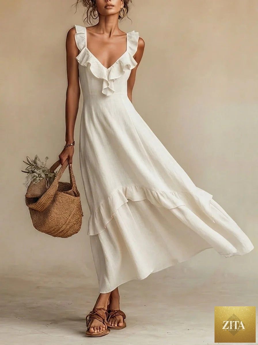 FitiqueFit sleeveless maxi dress with ruffle detail, high-waist casualwear in 7 colors, displayed on a model.