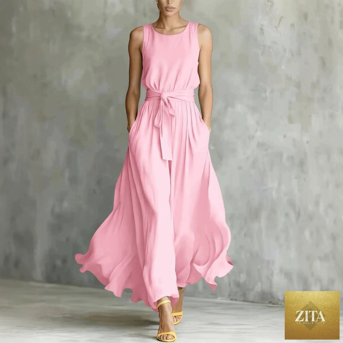 Women's lace-up waist-cinching sleeveless maxi dress by Zita La Belle Elite, featuring a flowy fabric and elegant design.