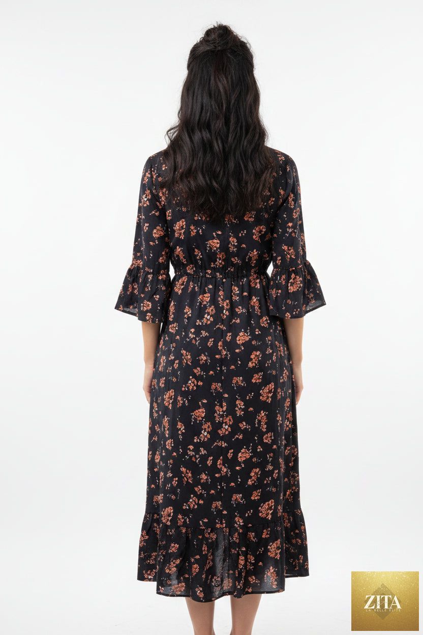Women's floral printed denim patchwork midi dress by FitiqueFit, featuring an A-line silhouette and half sleeves.