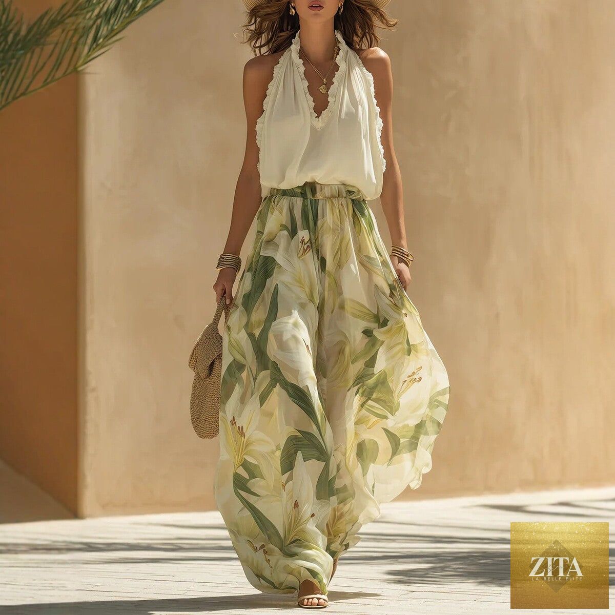 Zita La Belle Elite waist-cinching printed maxi dress with ruffle hem, casualwear style, in size S to 3XL, featuring a vibrant floral pattern.