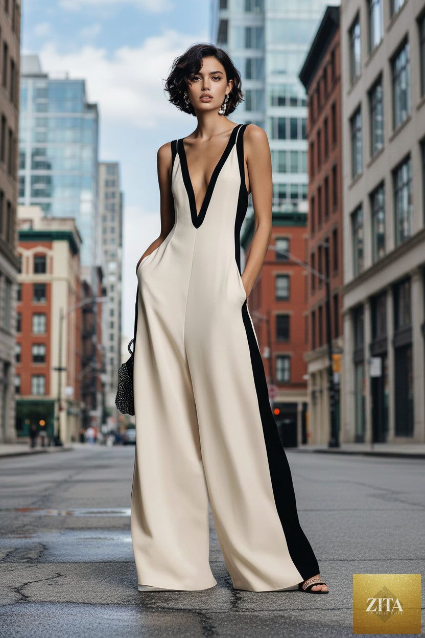 Women's sleeveless V-neck contrast color wide-leg jumpsuit by Zita La Belle Elite, featuring casual style and relaxed fit.