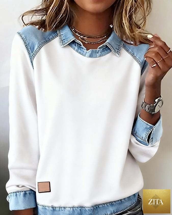 Women’s FitiqueFit denim collar patchwork pullover knitwear top featuring casual street style, with denim accents on a cozy knit sweater.
