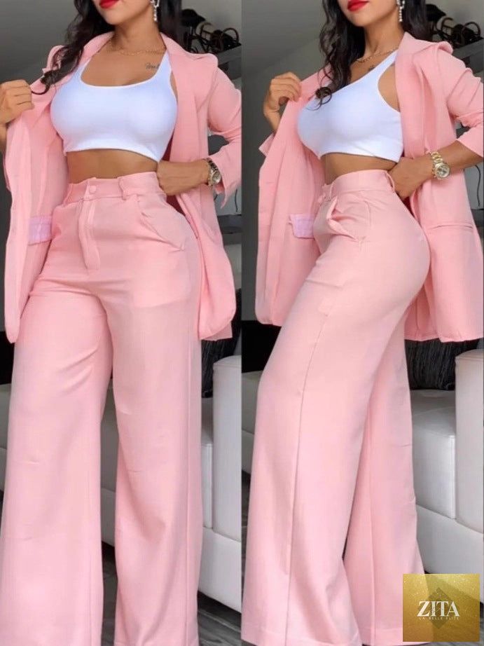 Women's Longline Open-Front Blazer & High-Waist Wide-Leg Trousers Suit Set – 8 Colors