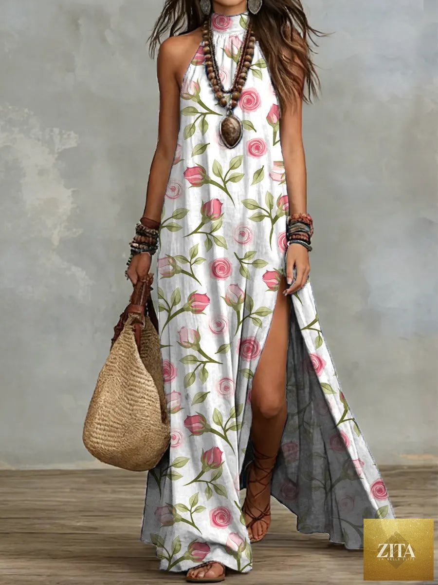 Women's sleeveless floral print maxi dress by Zita La Belle Elite featuring a split front and flowing fabric.