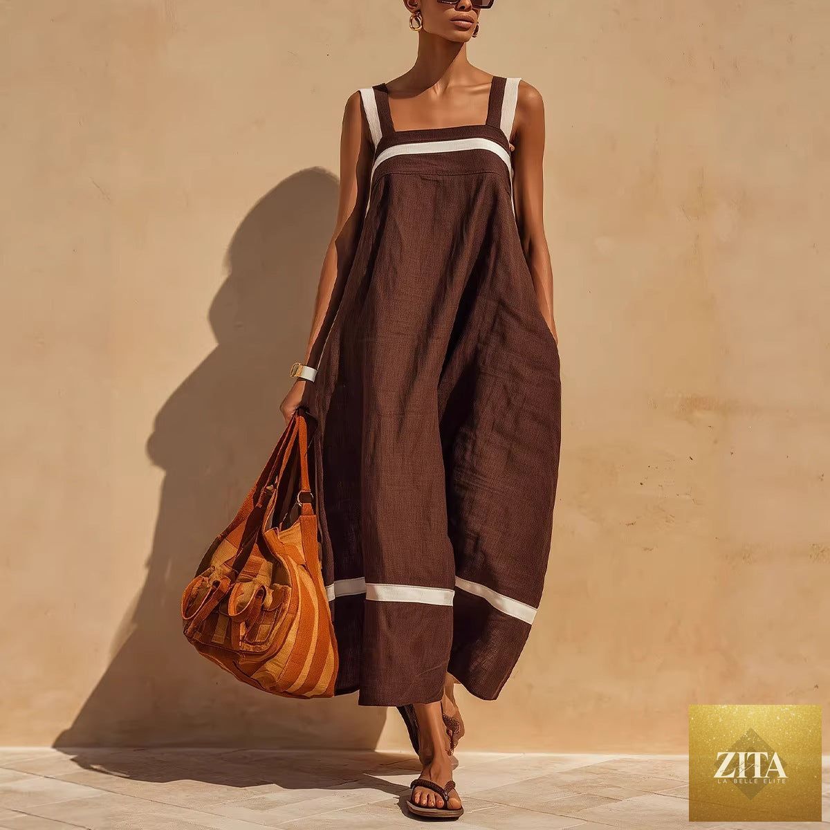 Women's linen blend casual midi dress with contrast straps by Zita La Belle Elite, loose fit and stylish for everyday wear.