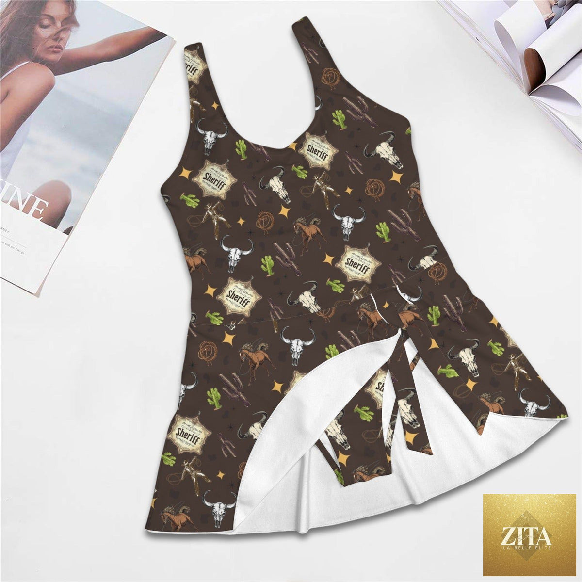 Western-themed Baha Ranch one-piece swimsuit with a skirt, featuring a stylish design and comfortable fit for swimwear.