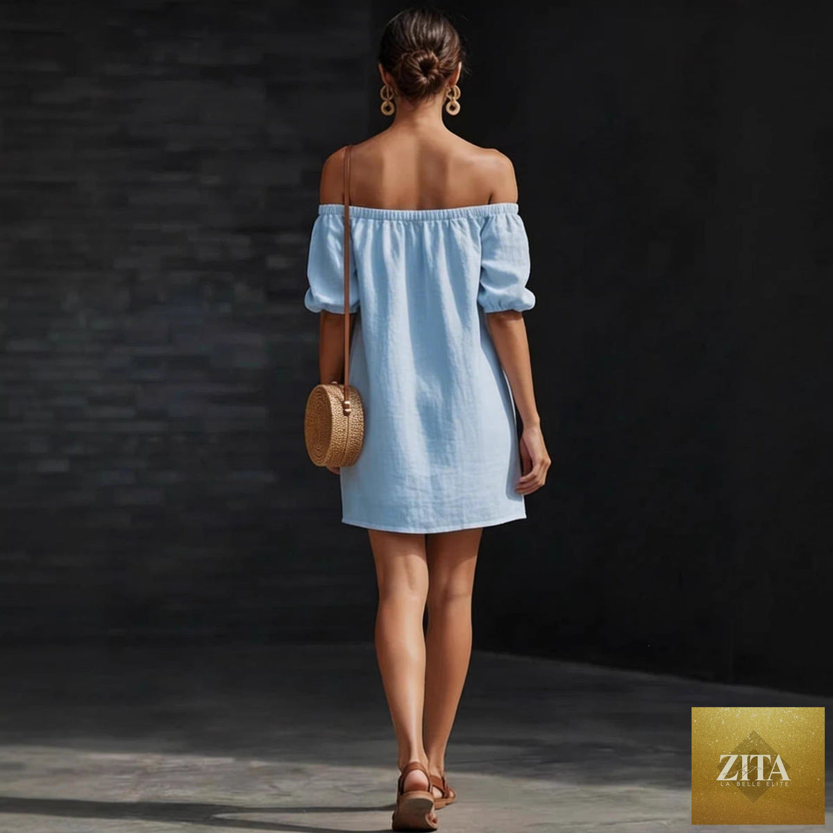 Women's cotton-linen off-shoulder puff-sleeve loose mini dress by FitiqueFit, shown in a casualwear style with relaxed fit.