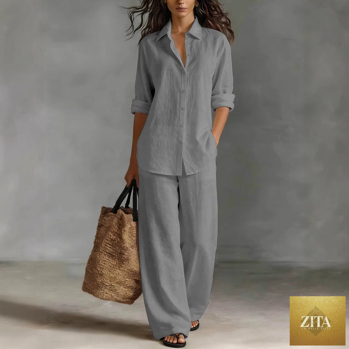 Women's bohemian cotton-linen top and pants set by Zita La Belle Elite, featuring relaxed fit, soft fabric, perfect for resort lounge casualwear.
