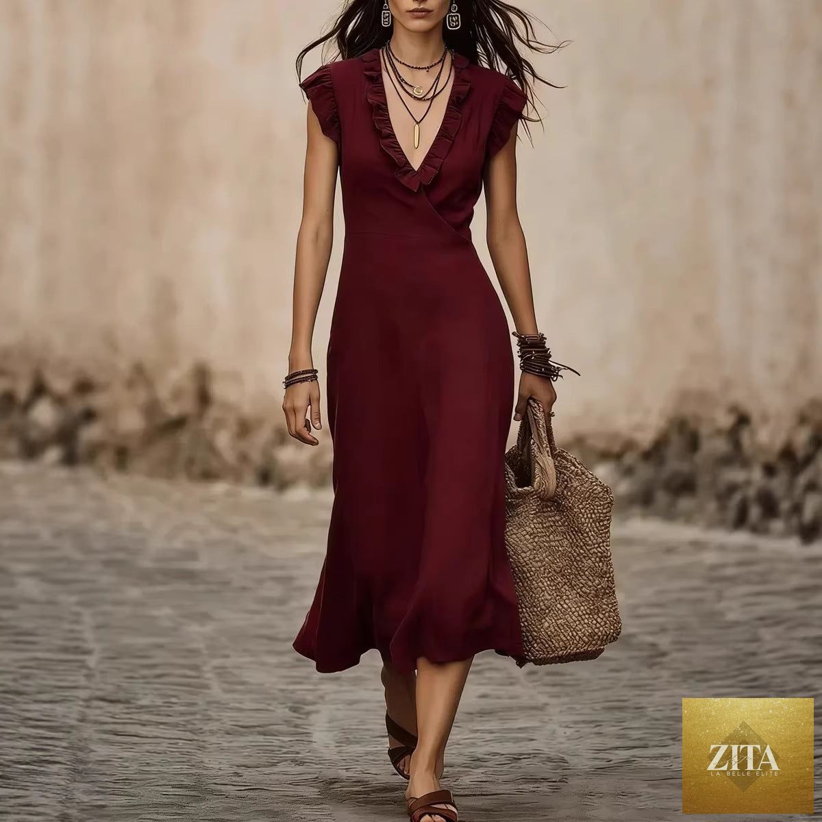 Women's V-neck cotton-linen midi dress with flutter sleeves and ruffle trim by Zita La Belle Elite, perfect for casualwear.