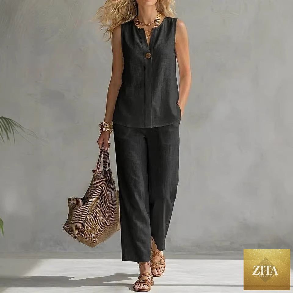 Zita La Belle Elite women's sleeveless V-neck top and full-length pants two-piece casualwear set, displayed on a hanger.