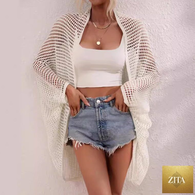 Women's hollow-out shawl cardigan with batwing sleeves, sun protection, casualwear by Zita La Belle Elite, shown draped on a model.