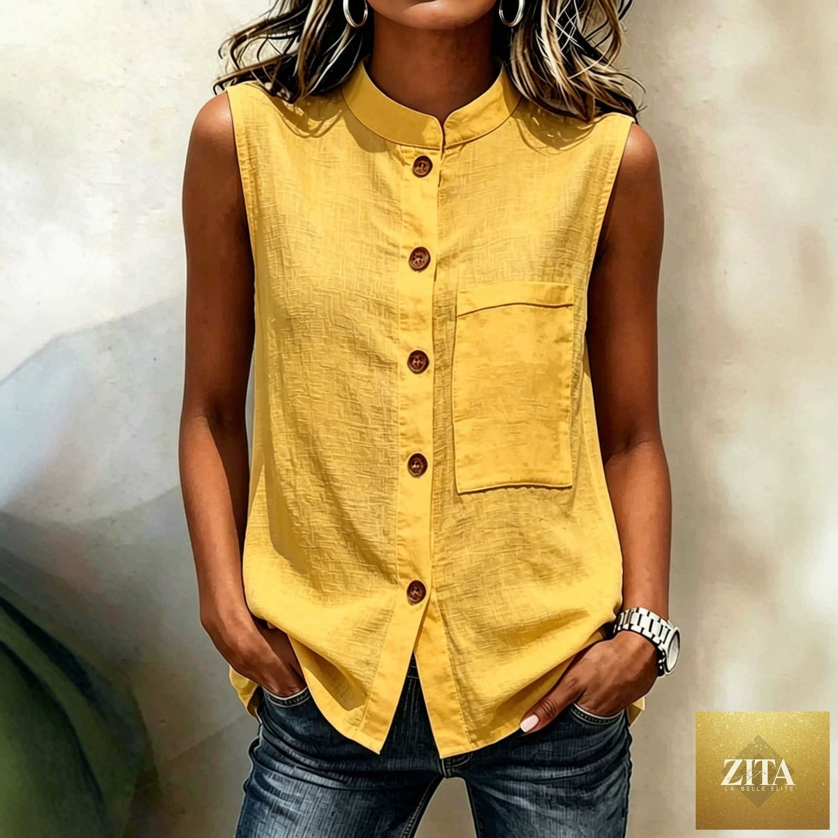 Women's sleeveless crop top by FitiqueFit featuring buttoned pockets and a solid color, perfect for casualwear.