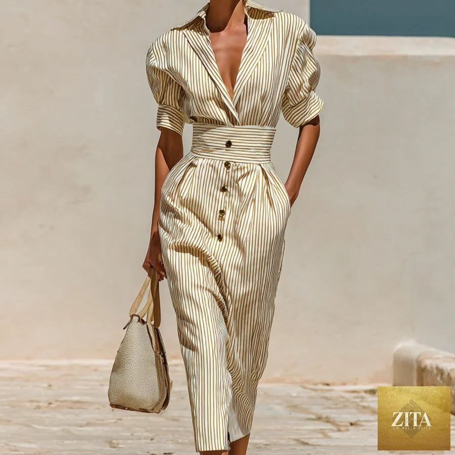 Zita La Belle Elite women's striped lace-up shirt dress with high waist, slim fit, midi length, casualwear style.
