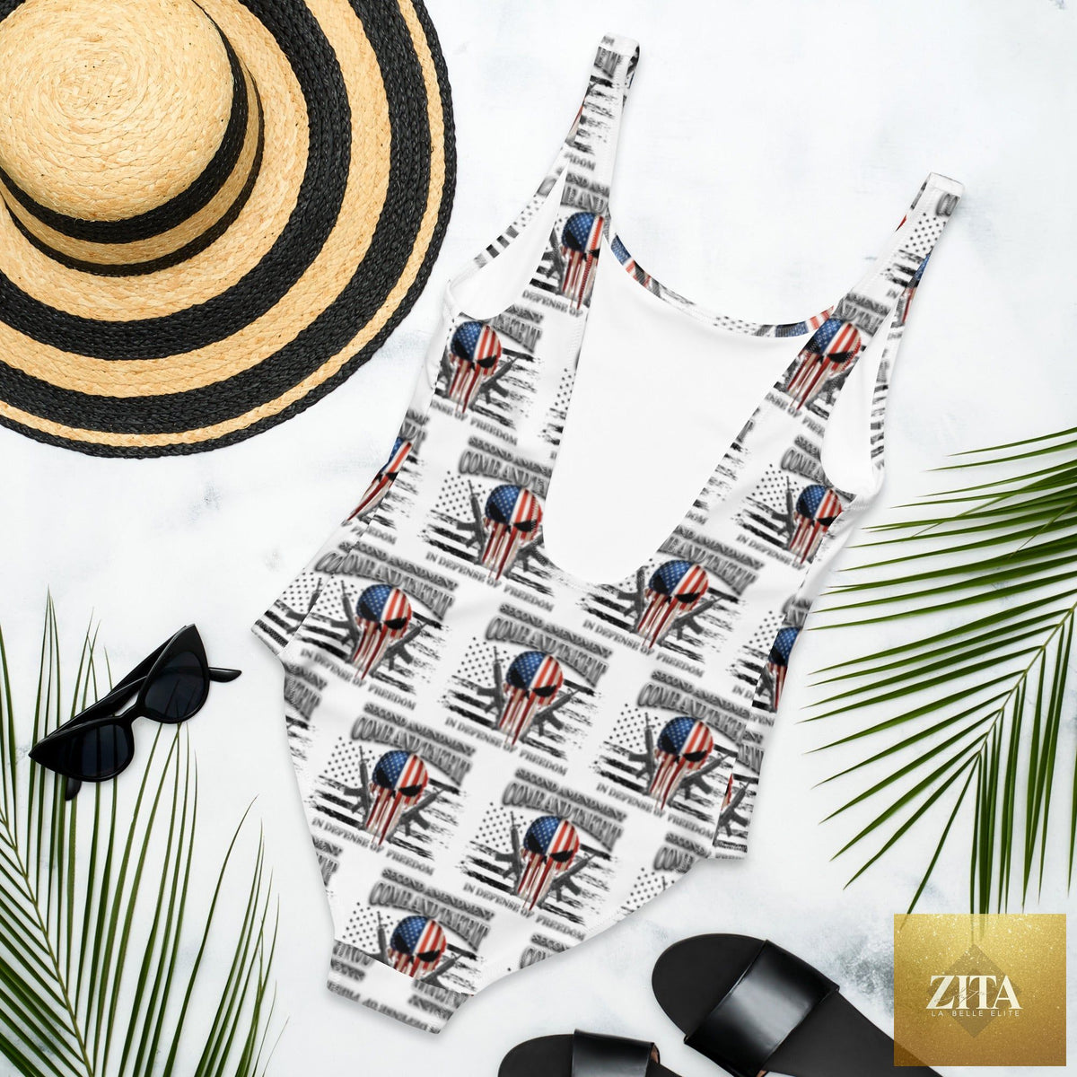 Baha Ranch Western Wear Yeehaw Come & Take It one-piece swimsuit with all-over print, white background, back view.