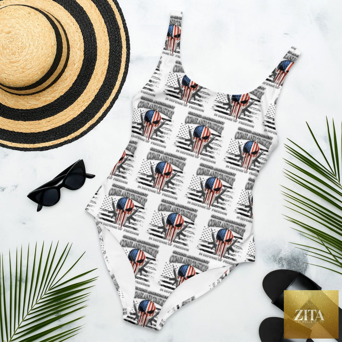 Baha Ranch Western Wear Yeehaw Come & Take It one-piece swimsuit with all-over print, white front view.