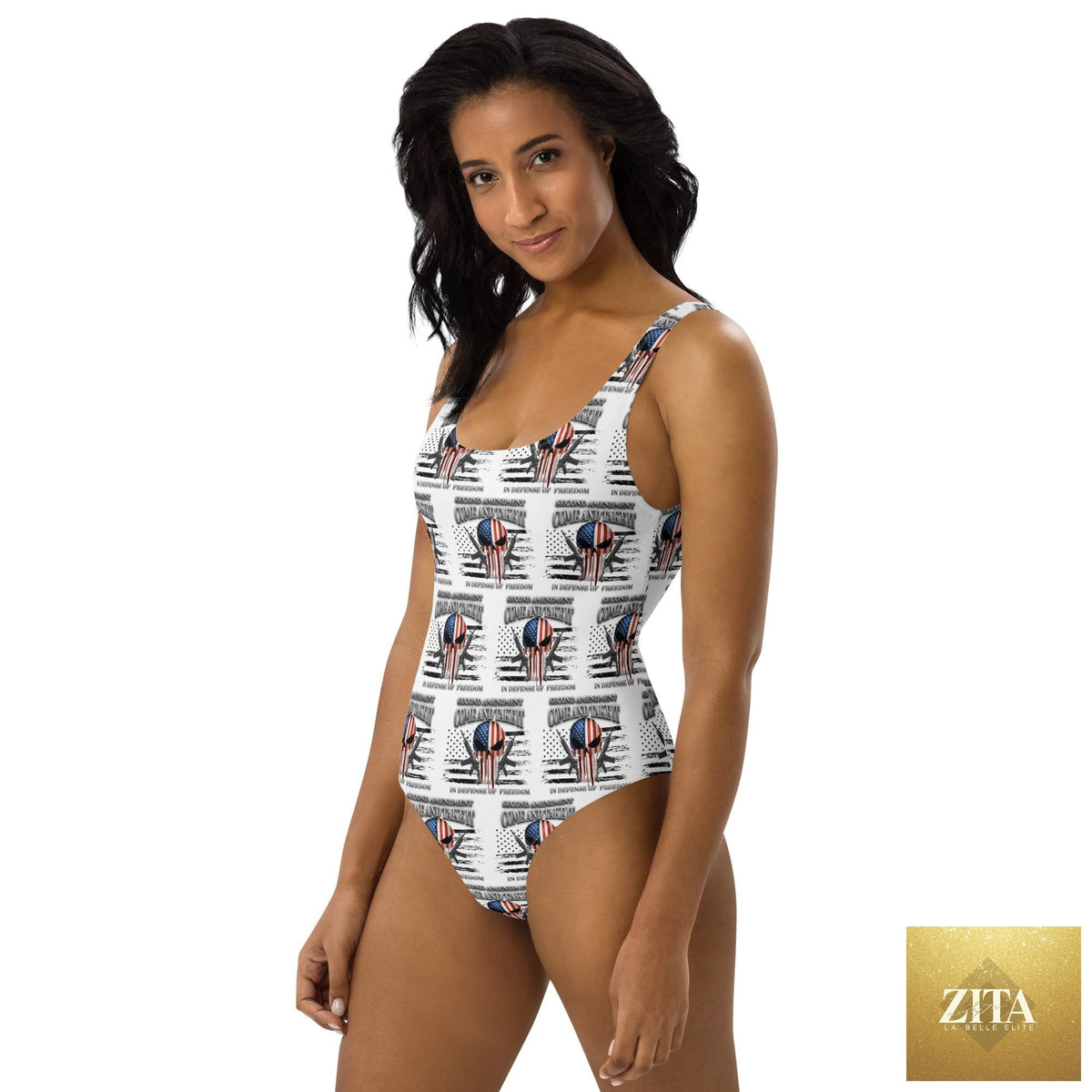 Baha Ranch Western Wear Yeehaw Come & Take It one-piece swimsuit with all-over print, white background, stylish and comfortable swimwear.