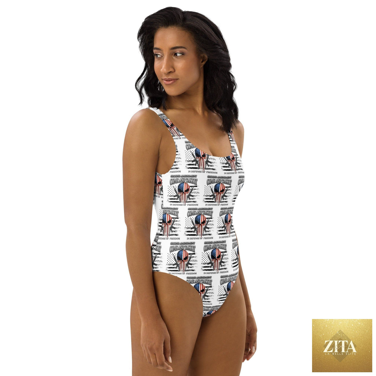 Baha Ranch Western Wear Yeehaw Come & Take It one-piece swimsuit with all-over print in white, featuring western-themed design.