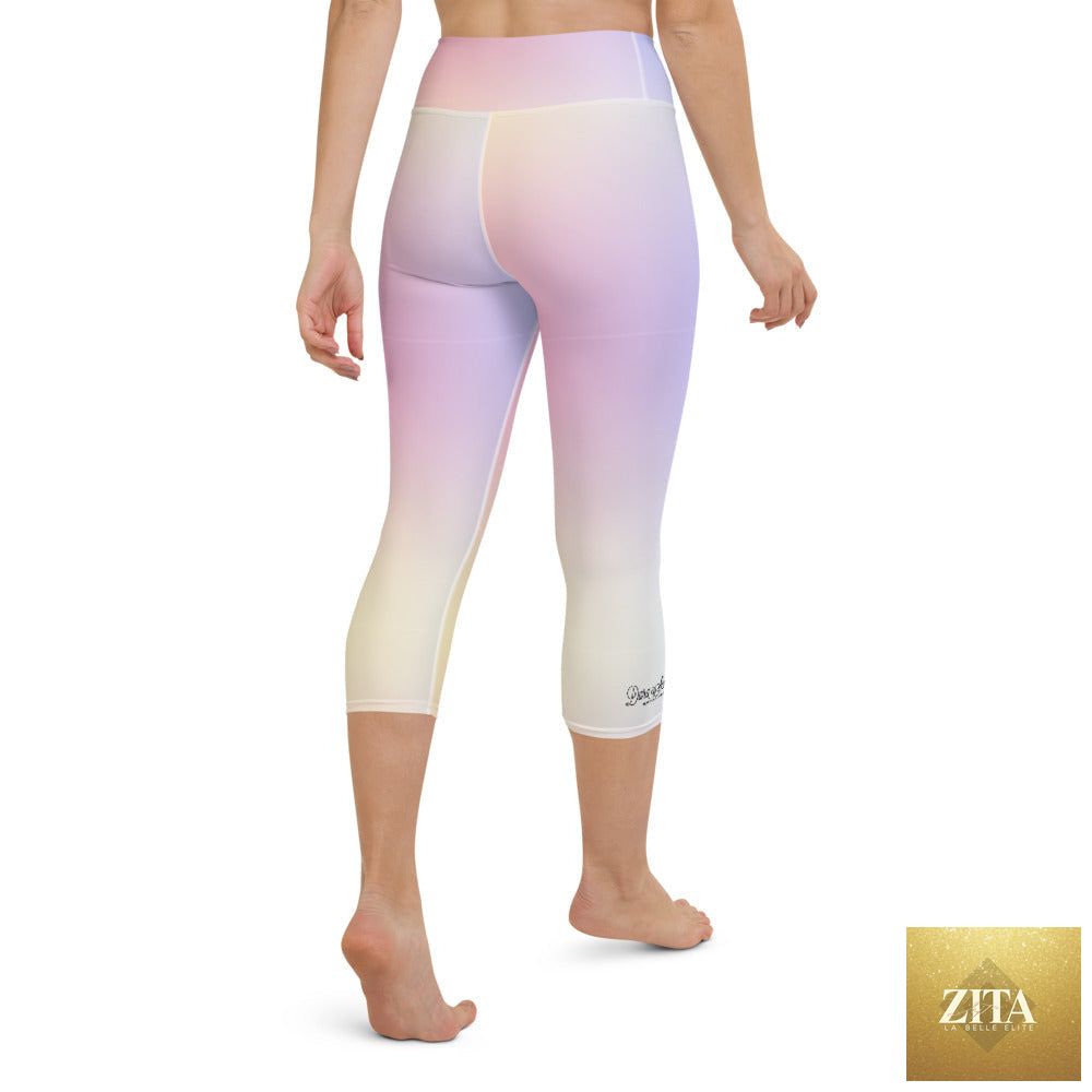 DARA SENDERS Parisian Sunset yoga capri leggings with an all-over sunset print, white background, and comfortable fit for active wear.