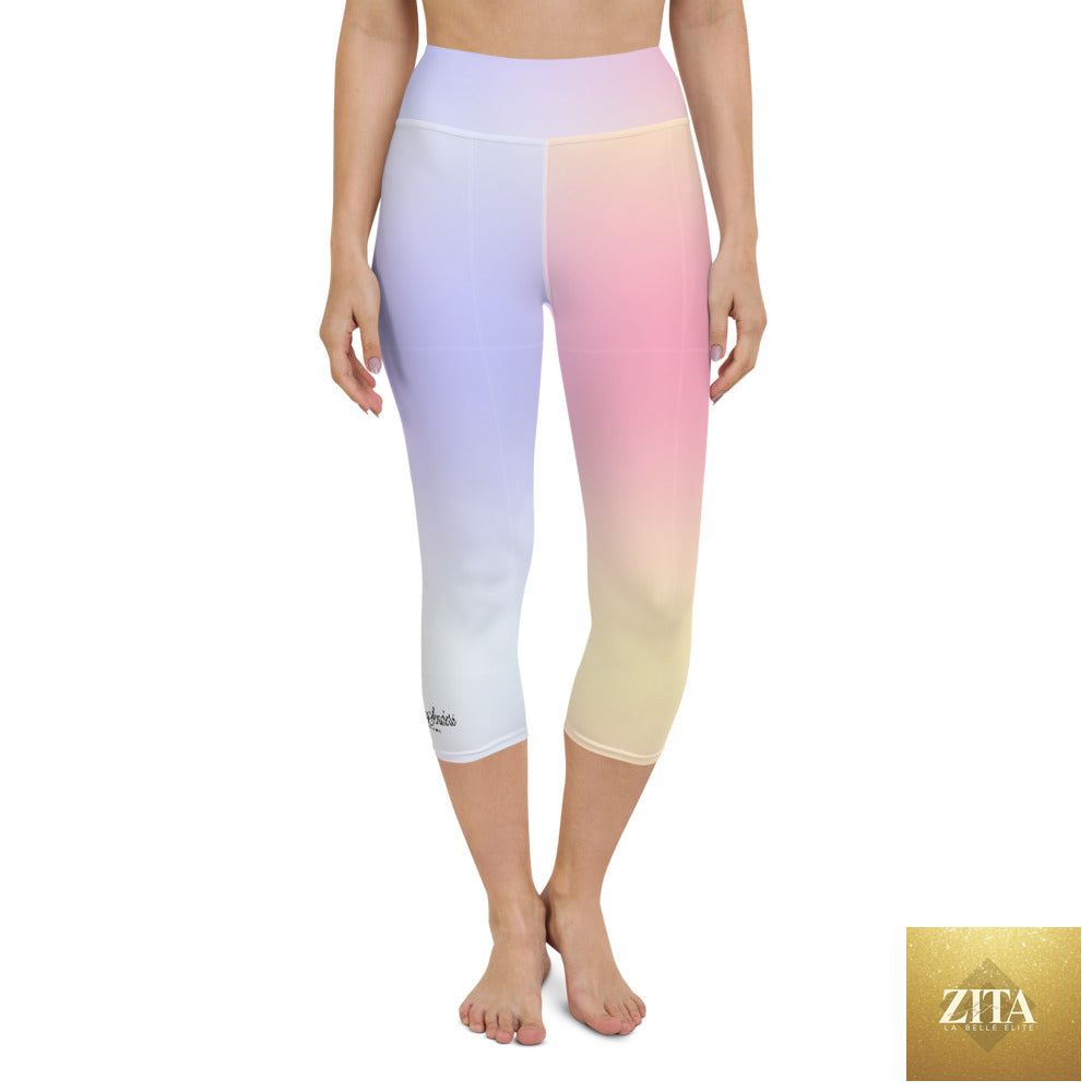 DARA SENDERS Parisian Sunset yoga capri leggings with an all-over sunset print, featuring a white background and comfortable fit.