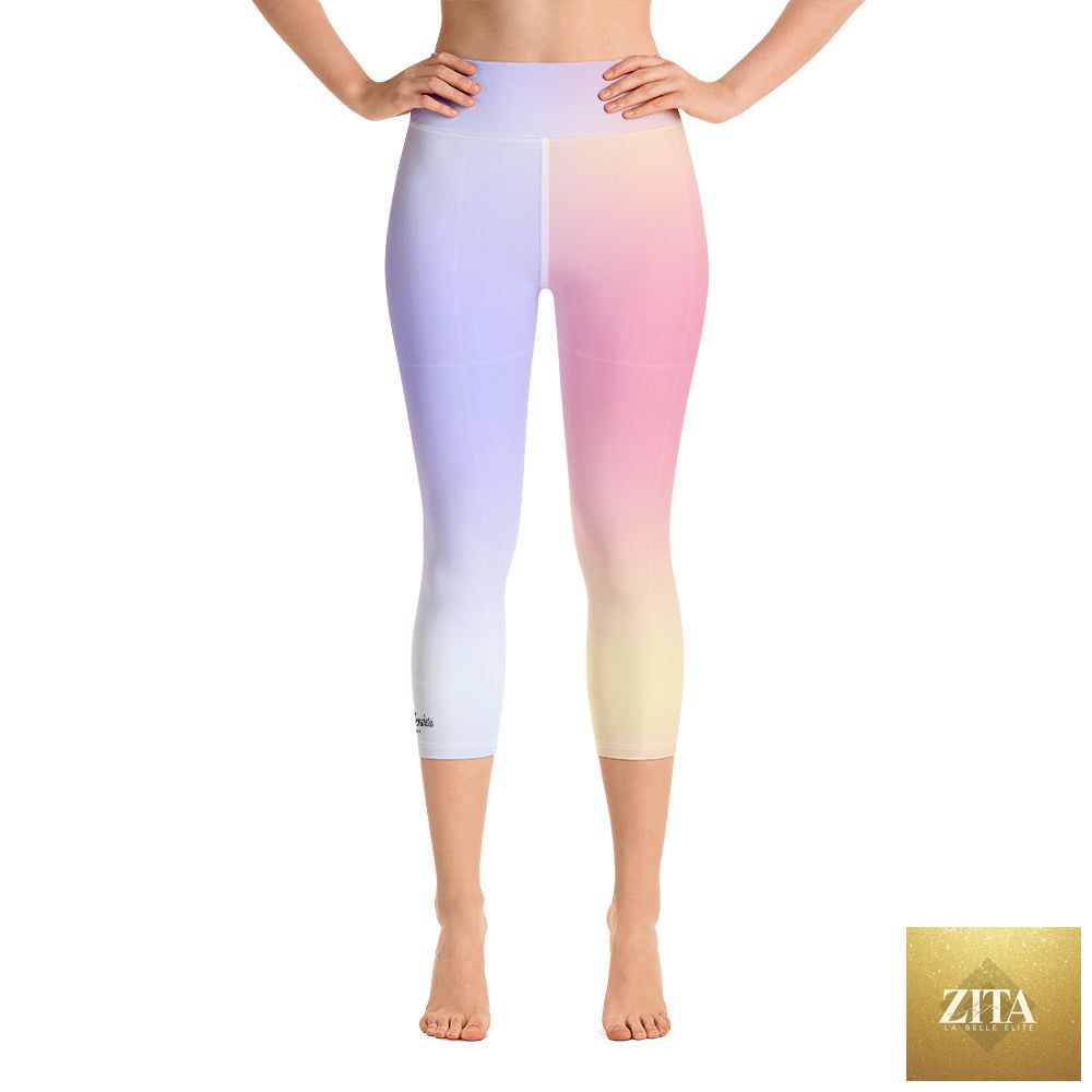 DARA SENDERS Parisian Sunset yoga capri leggings with all-over sunset print, white background, front view, stylish activewear bottoms.