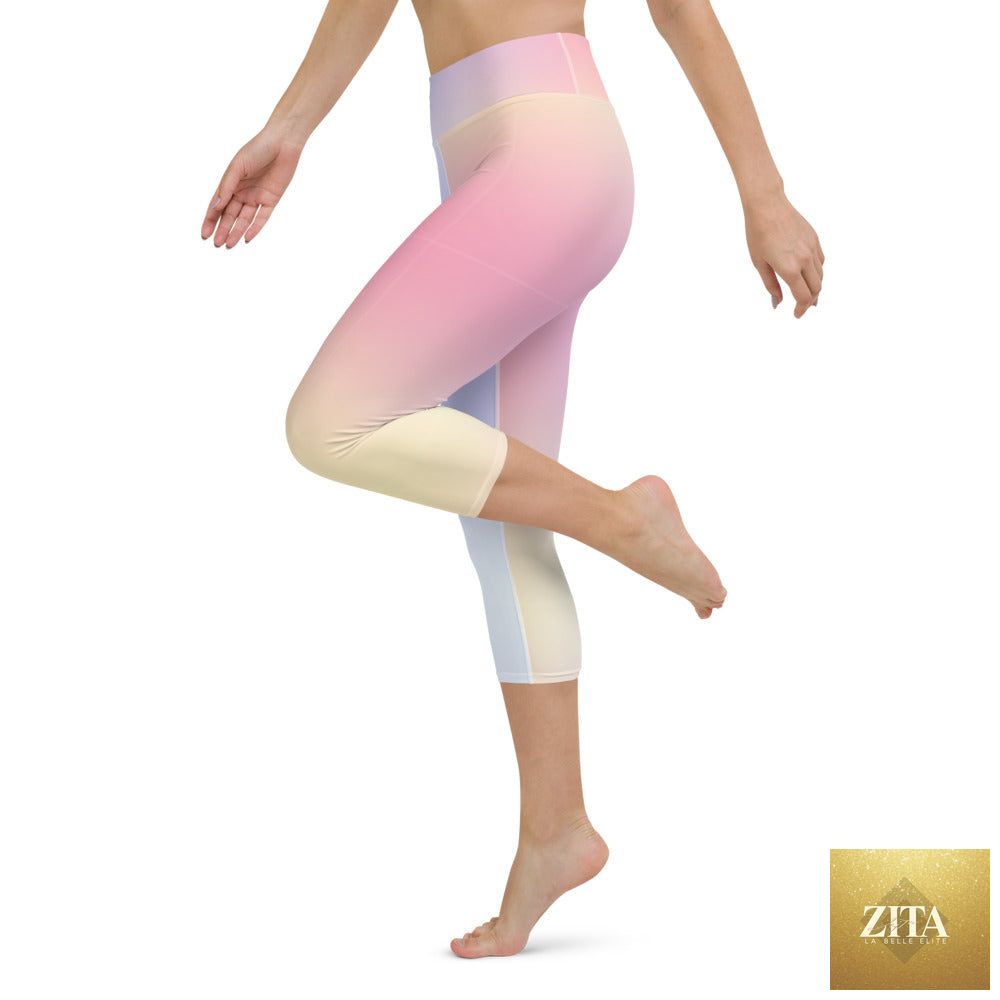 DARA SENDERS Parisian Sunset yoga capri leggings with all-over sunset print, white background, and comfortable stretchy fabric.