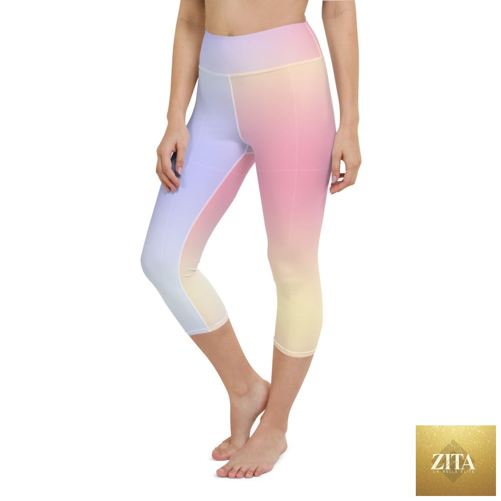 DARA SENDERS Parisian Sunset yoga capri leggings with all-over sunset print, featuring a comfortable fit and stylish design.