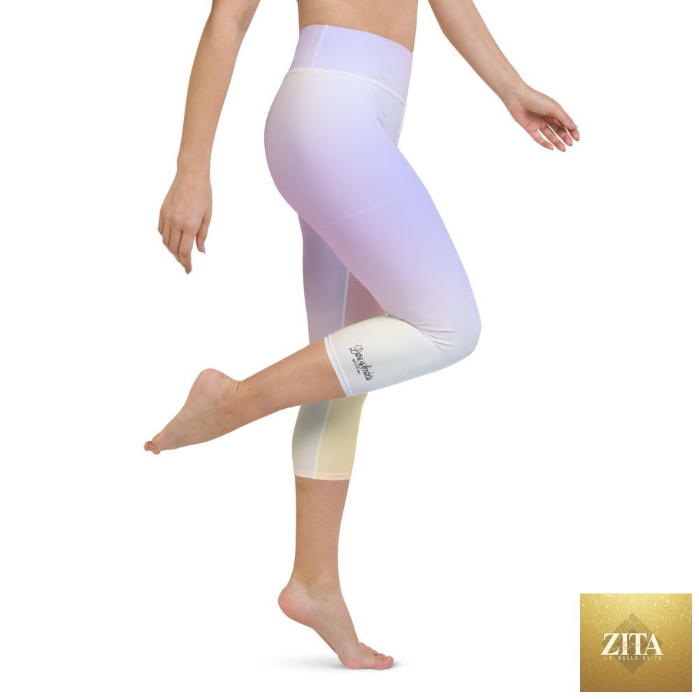 DARA SENDERS Parisian Sunset yoga capri leggings with all-over sunset print and comfortable fitted bottoms for active wear.