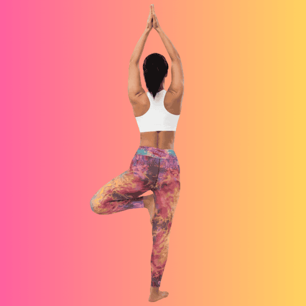 Vibrant tie-dye yoga leggings with all-over print, white back design, perfect for raves and festivals.