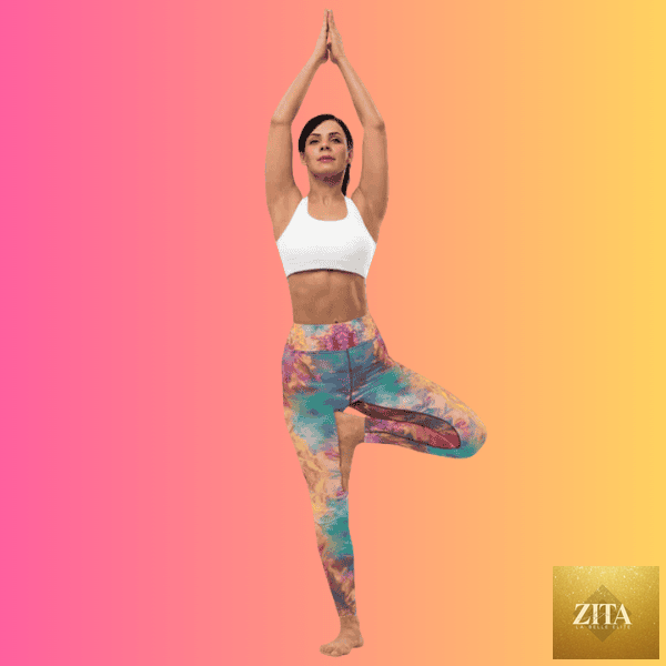Vibrant tie-dye yoga leggings with all-over print, designed for raves and festivals, by EDMFestieGear.com