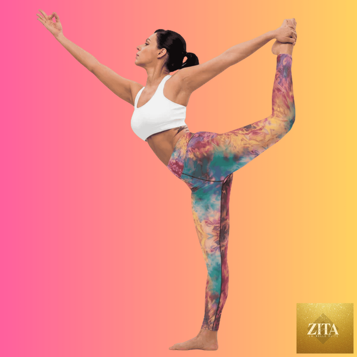 Vibrant tie-dye yoga leggings with all-over print, ideal for raves and festivals, by EDMFestieGear.com.