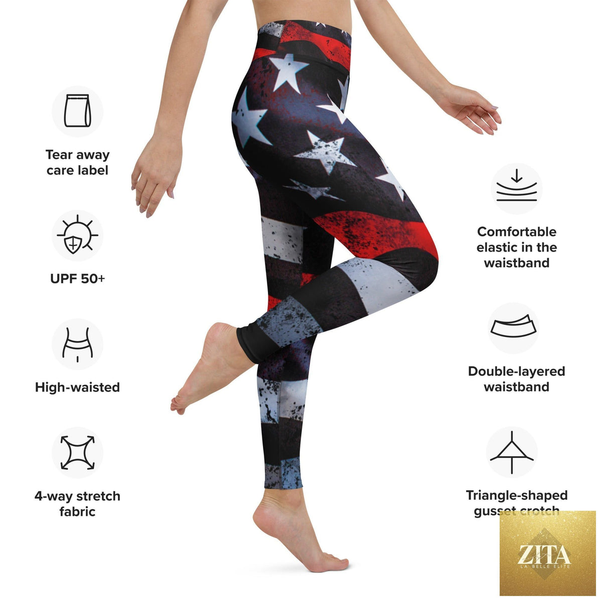 Black Helmet Thin Red Line yoga leggings with all-over print and inside pocket, featuring a striking red line design on white fabric.