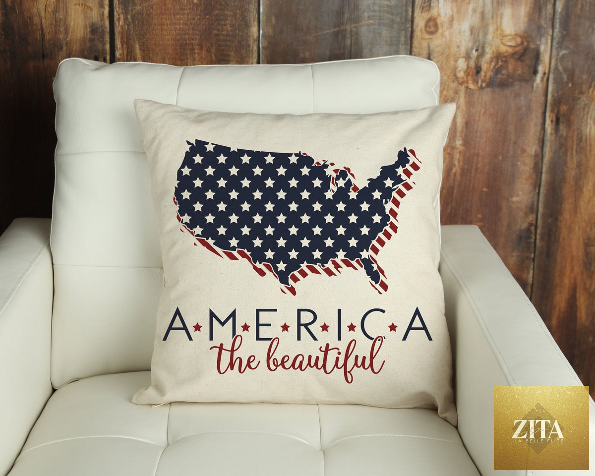 America The Beautiful decorative pillow cover, 18x18 inches, with patriotic Fourth of July and Independence Day design by Cotton and Crate.