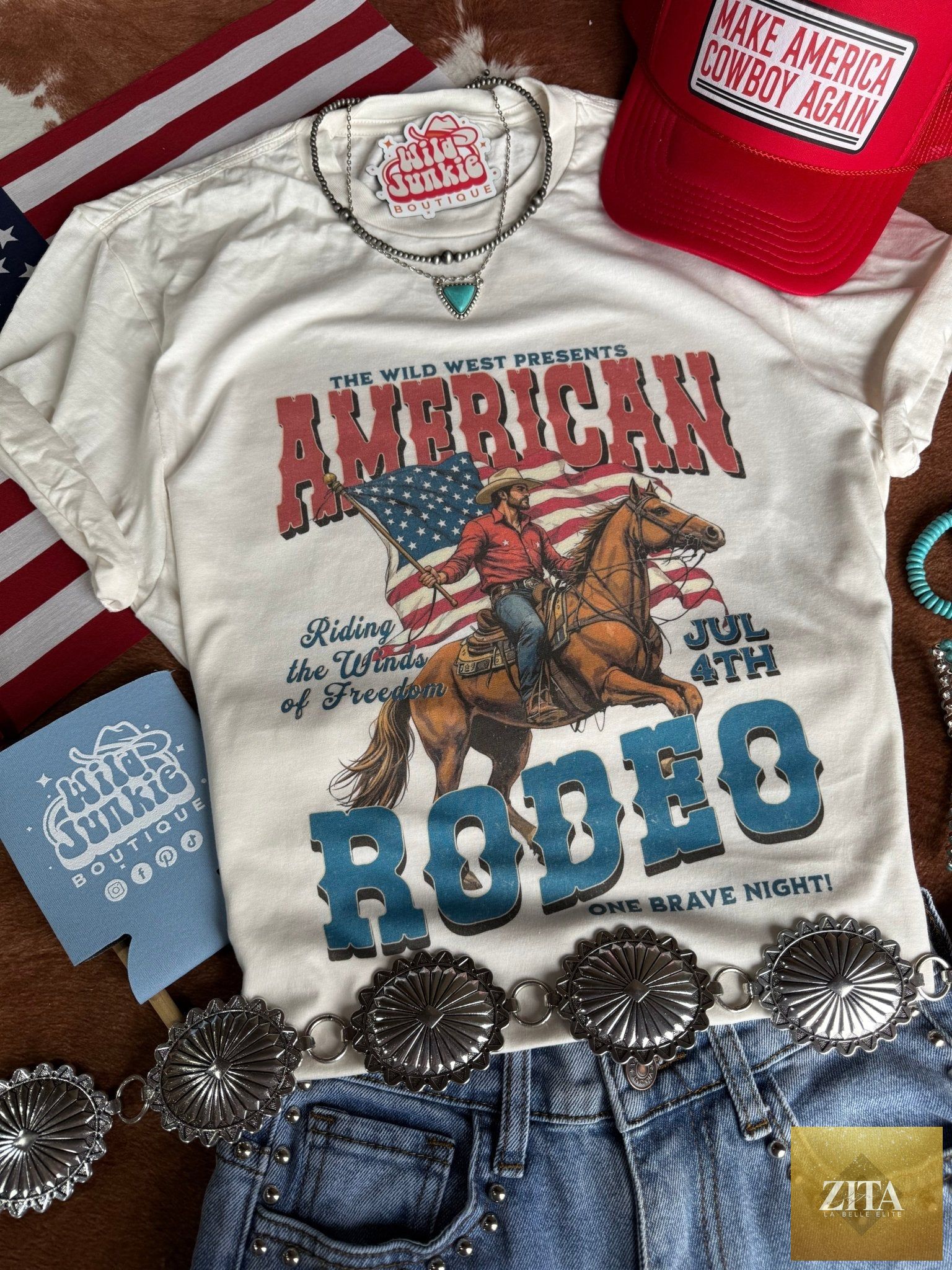 Wild Junkie American Rodeo 4th July graphic tee featuring patriotic rodeo design, perfect for summer celebrations.