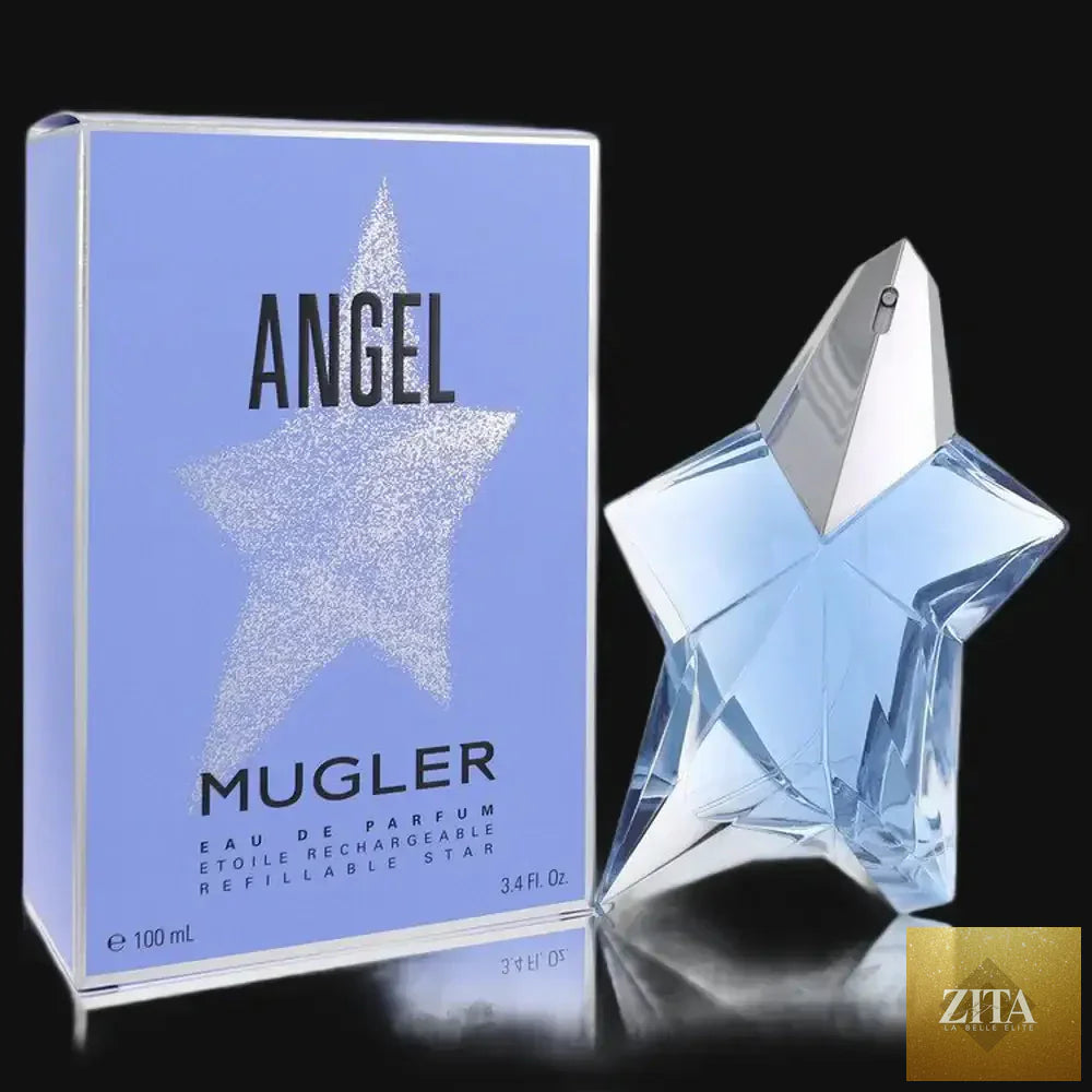 Angel Standing Star Thierry Mugler perfume for women in 3.4 oz eau de parfum spray, featuring a sleek bottle design.