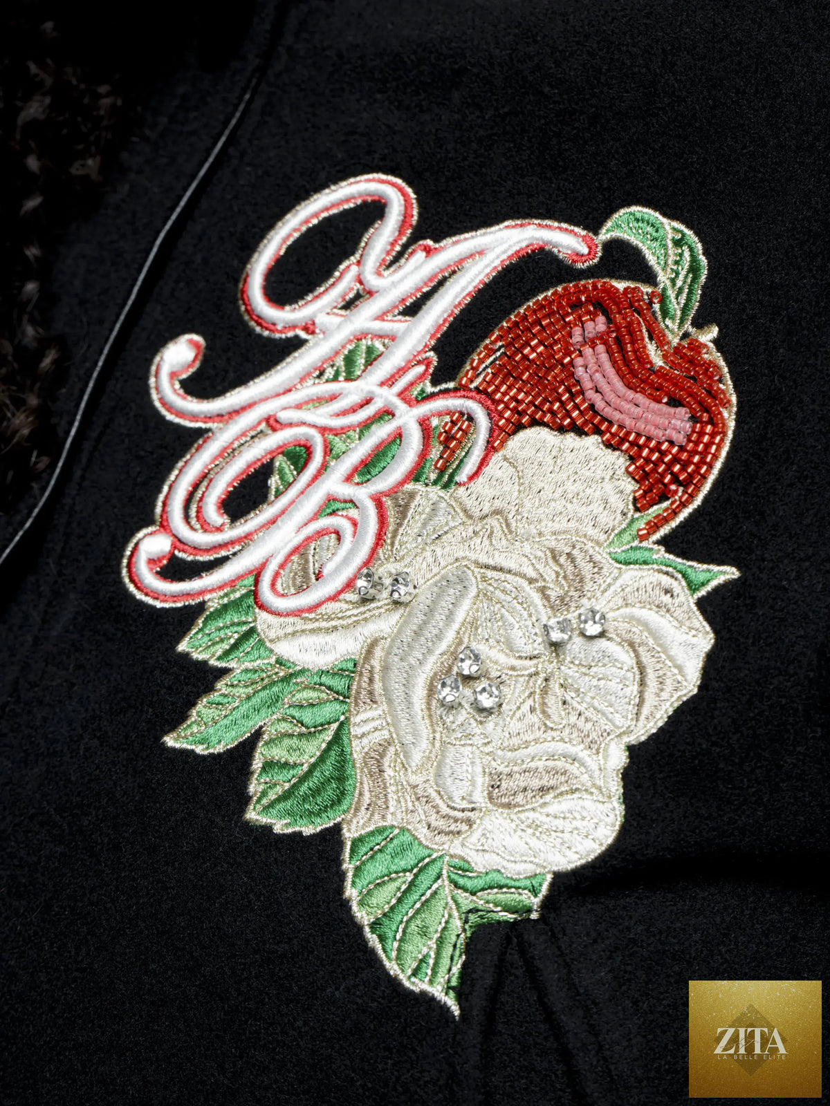 Apple Bottom Jeans varsity jacket featuring the classic design, with ribbed cuffs and collar, in a stylish, casual look.