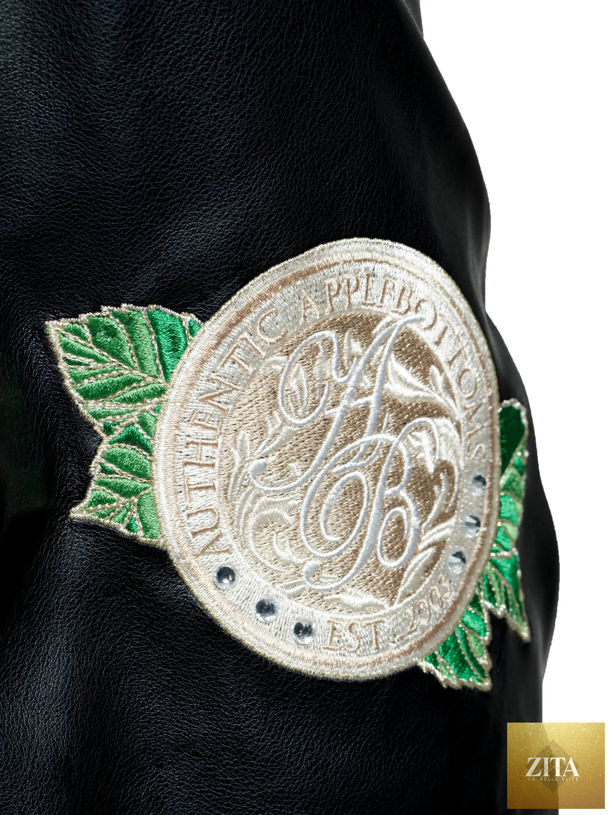 Apple Bottom Jeans varsity jacket featuring classic design, ribbed collar, and embroidered logo on the front.