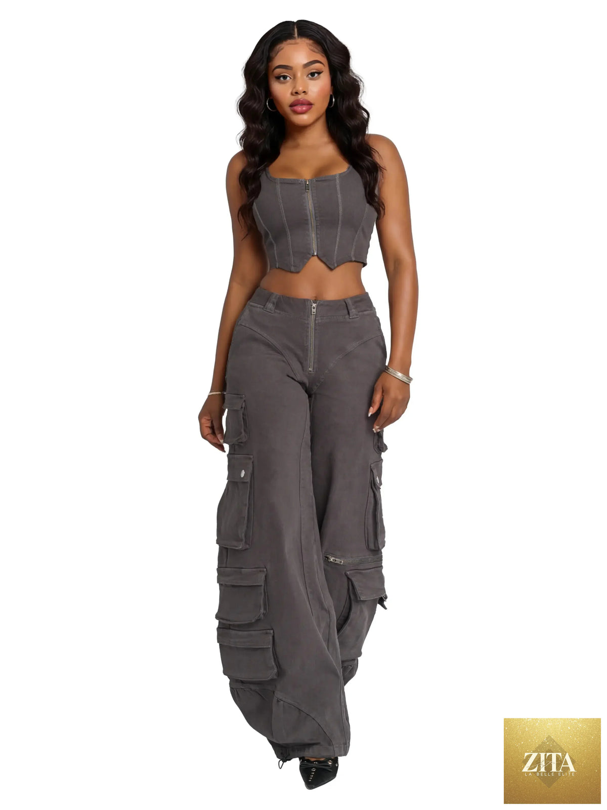 Low-rise twill cargo pant from Apple Bottom Jeans featuring stretch twill fabric and multiple cargo pockets.