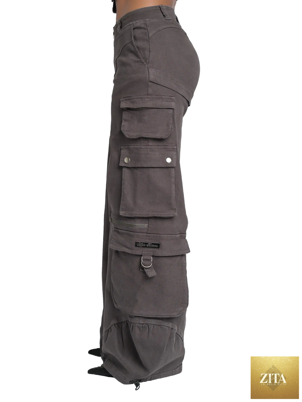 Apple Bottom Jeans low-rise twill cargo pant, showing the relaxed fit, multiple pockets, and durable stretch twill fabric.