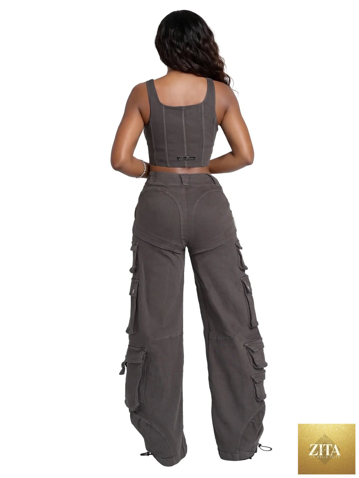 Apple Bottom Jeans low-rise stretch twill cargo pants with multiple pockets, shown in a relaxed fit style.