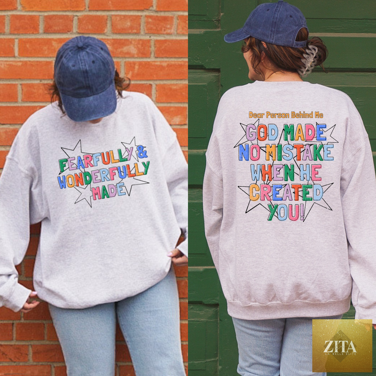 Ash grey Fearfully & Wonderfully Made sweatshirt by Hey Jude Graphic Tees featuring Christian affirmation and faith graphic design.