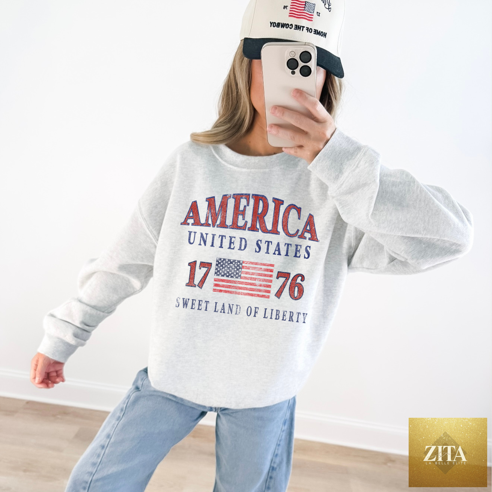 Ash grey America United States 1776 crewneck sweatshirt by Hey Jude Graphic Tees, featuring patriotic design and comfortable fit.