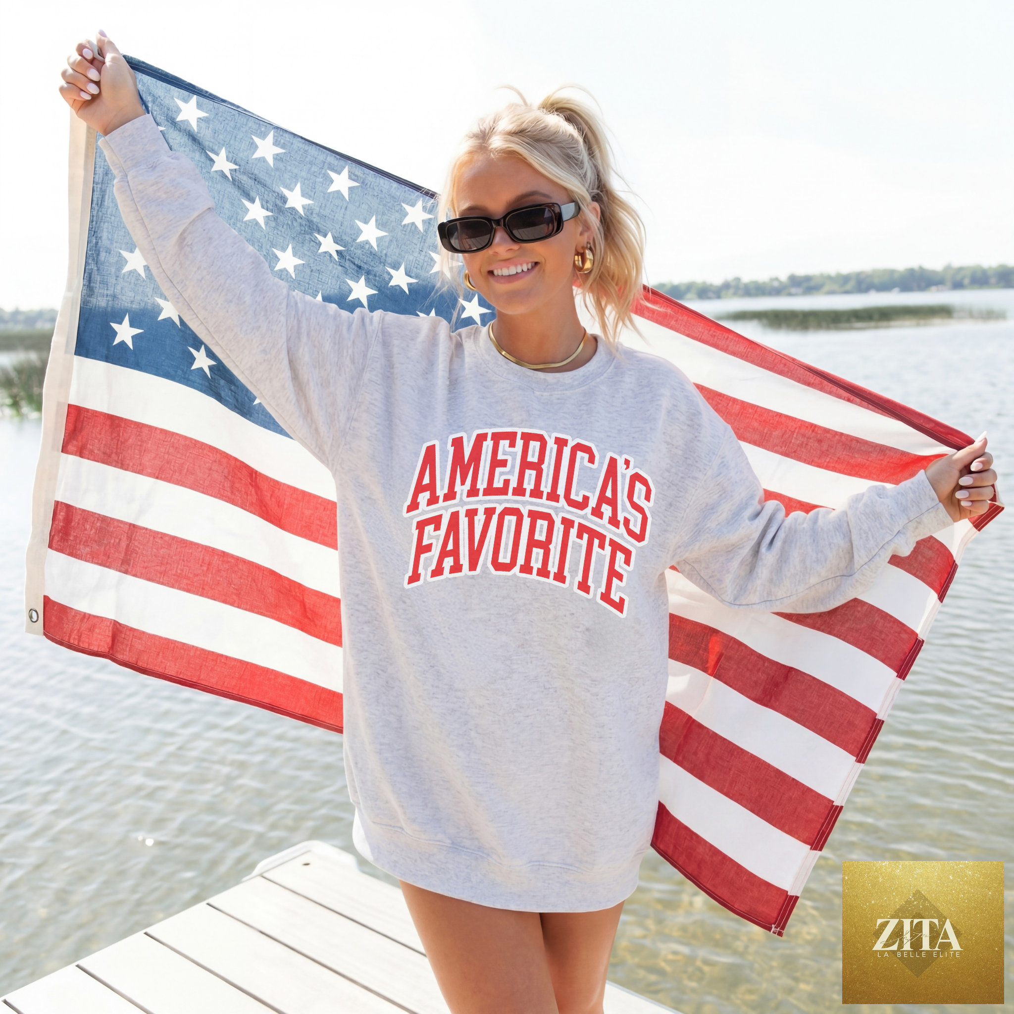Ash grey America's Favorite patriotic crewneck sweatshirt with retro USA graphic design by Hey Jude Graphic Tees.