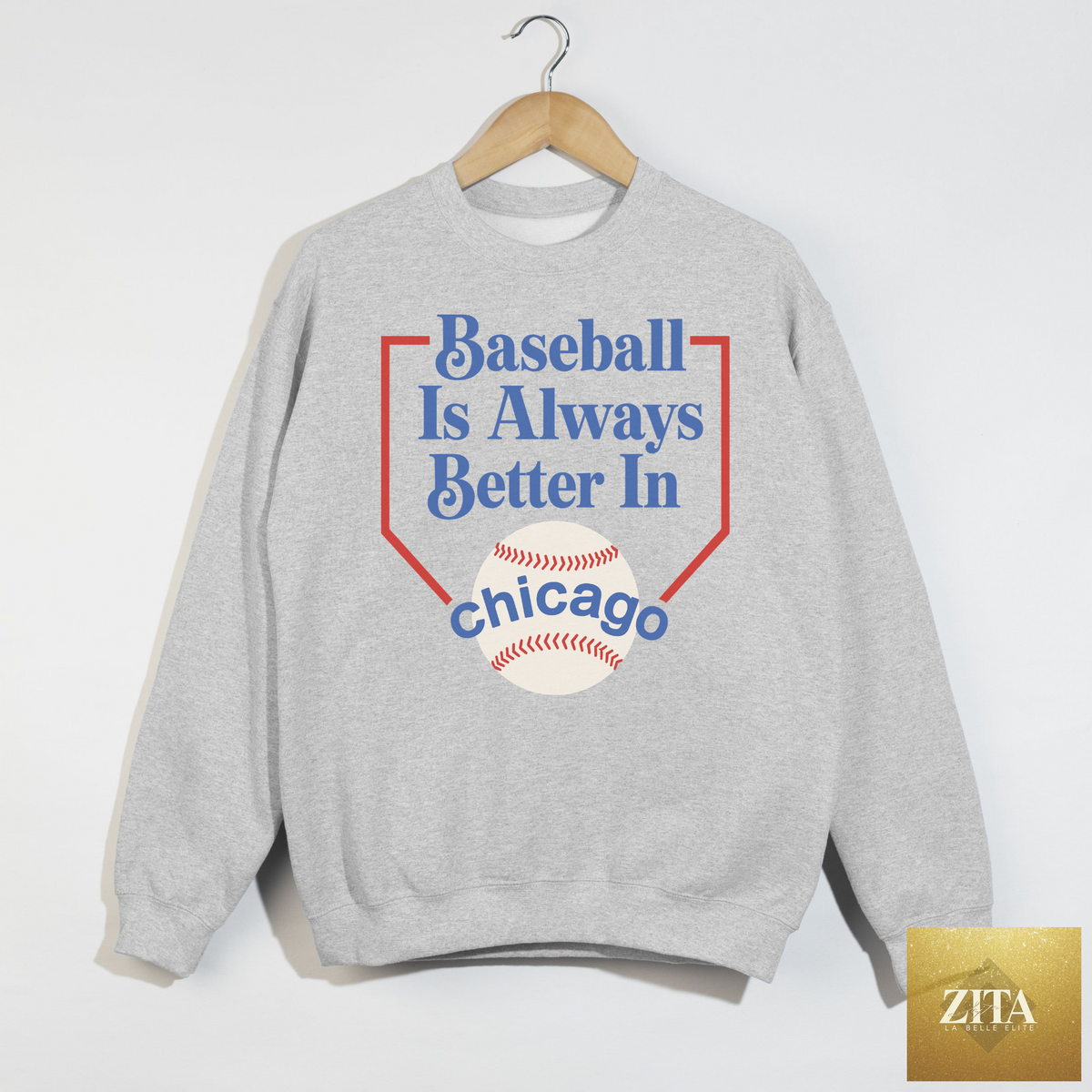 Ash grey Chicago baseball season sweatshirt by Hey Jude Graphic Tees, featuring a comfortable fit and Chicago-themed design.