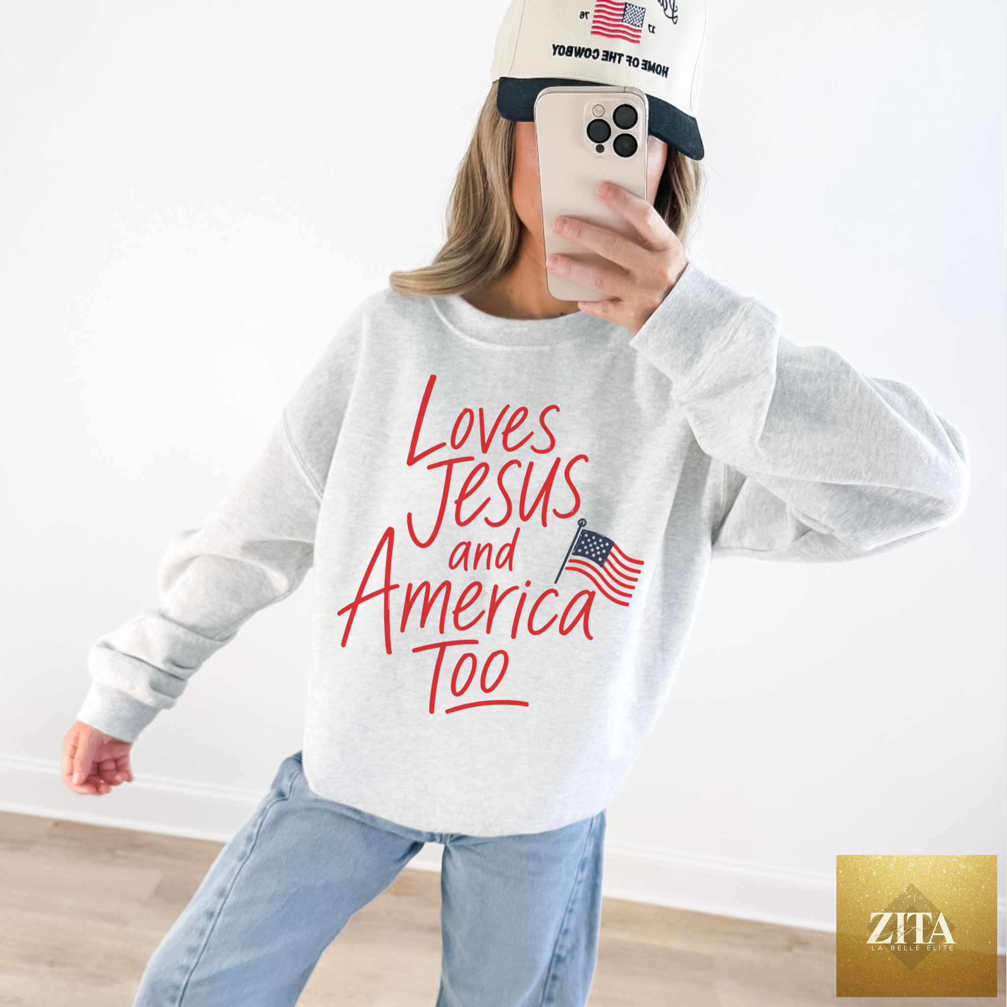 Ash gray Loves Jesus and America Too patriotic sweatshirt by Hey Jude Graphic Tees, featuring bold text and a casual fit.