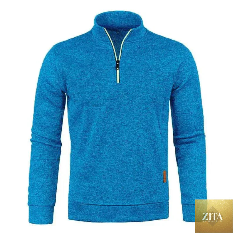 Men's MANDOTOS half-zip turtleneck sweatshirt with long sleeves, solid color, cozy fall streetwear, warm winter pullover.