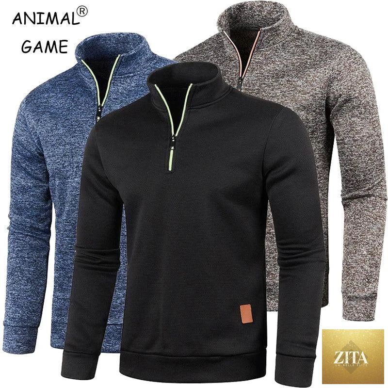 Men's MANDOTOS half-zip turtleneck sweatshirt with long sleeves, solid color, cozy streetwear style for fall and winter warmth.