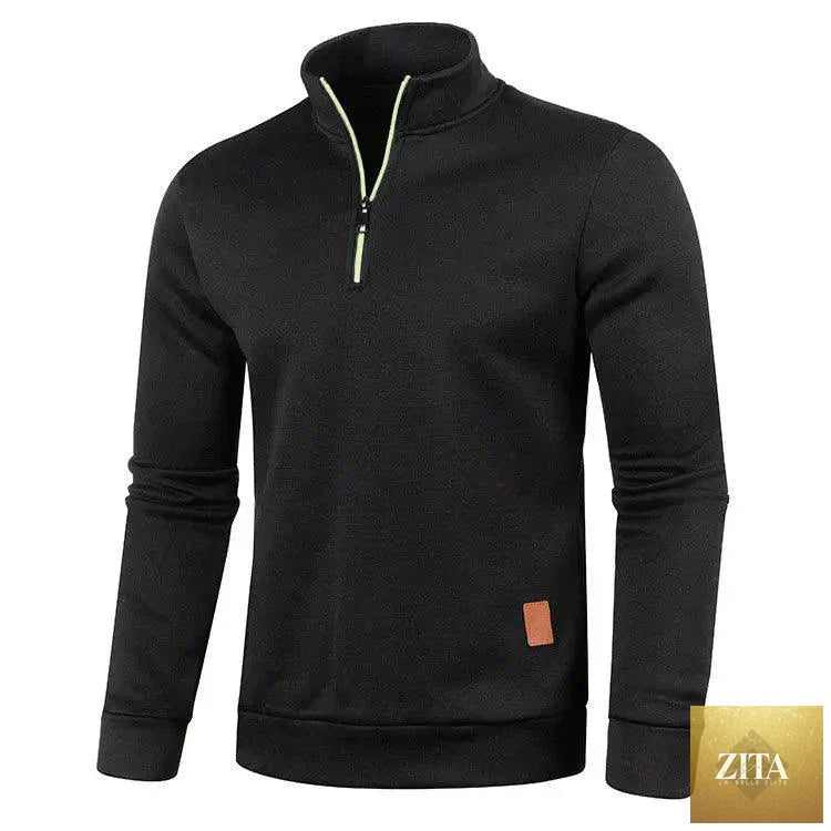 Men's MANDOTOS half zipper turtleneck sweatshirt with long sleeves, solid color, cozy winter streetwear, warm pullover jacket.