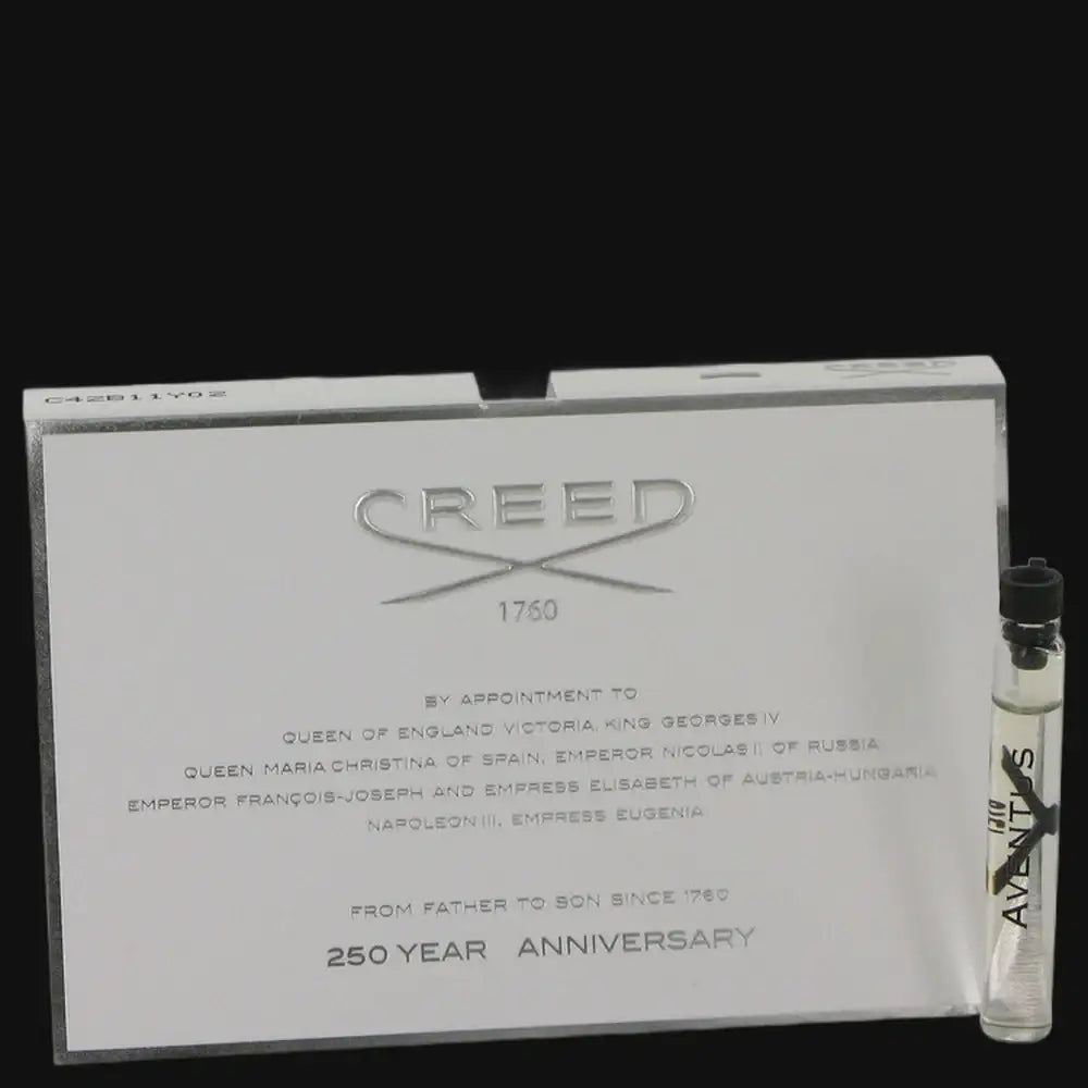 Small vial of Aventus by Creed men's cologne from Gamer Scents, showing the clear glass bottle with branding.