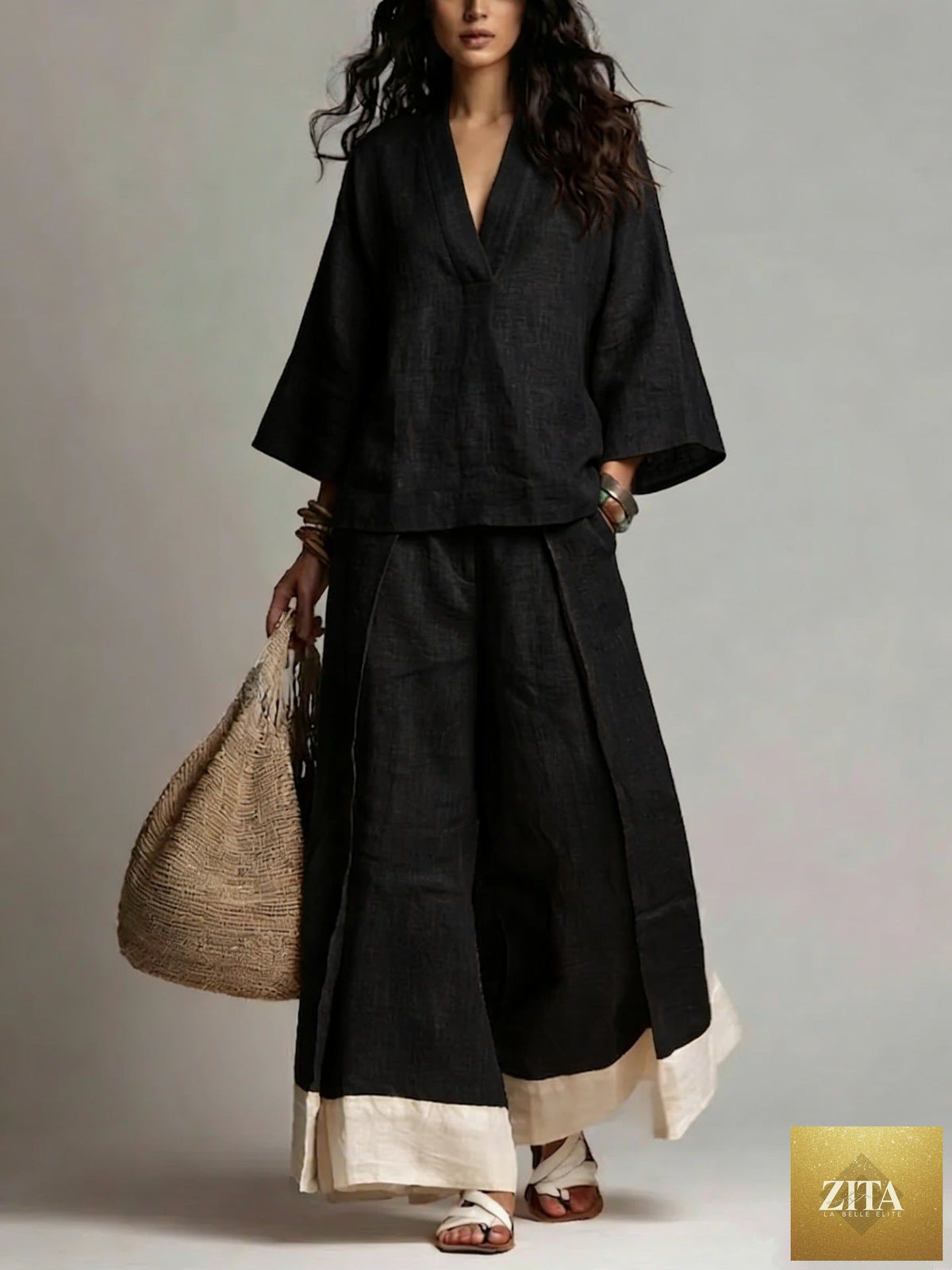 Women's cotton-linen V-neck 3/4 sleeve shirt and wide-leg pants set by FitiqueFit, featuring a comfortable, stylish casual outfit.