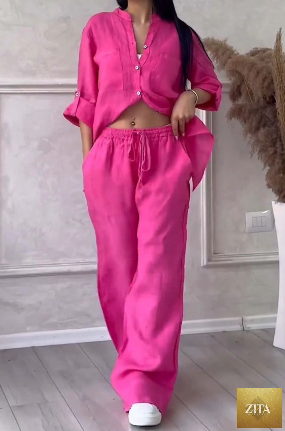 Zita La Belle Elite wide-leg pants and lace-up top two-piece set in solid color, available in sizes S to 5XL.